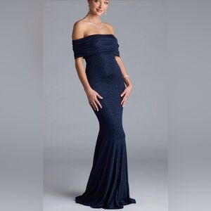 NWT Windsor navy blue off shoulder shimmer mermaid prom dress S
